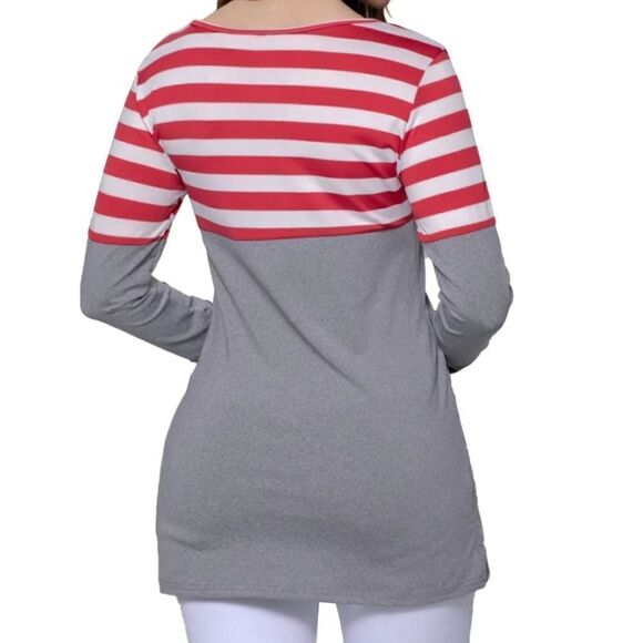 Lucky Red White Stripe Colorblock Long Sleeve Blouse Top - Picture 3 of 13